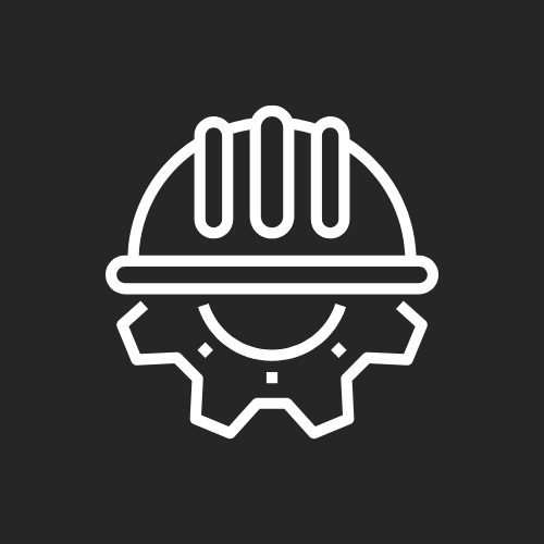 Line art icon of a construction helmet on top of a gear.