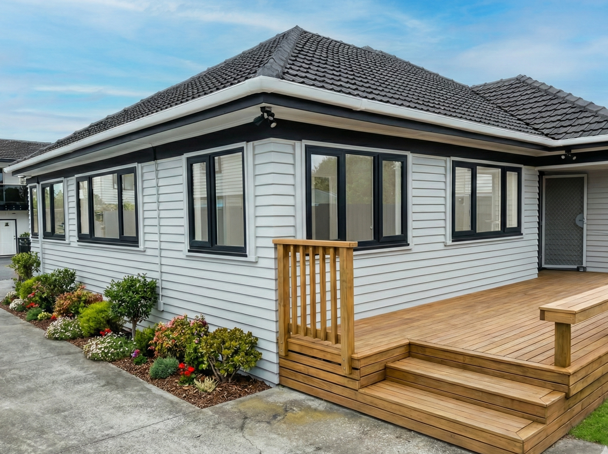 A modern house with white siding, black window frames, a gray tiled roof, a paved driveway, a small garden with shrubs and colorful flowers, and a wooden deck with steps and a railing.