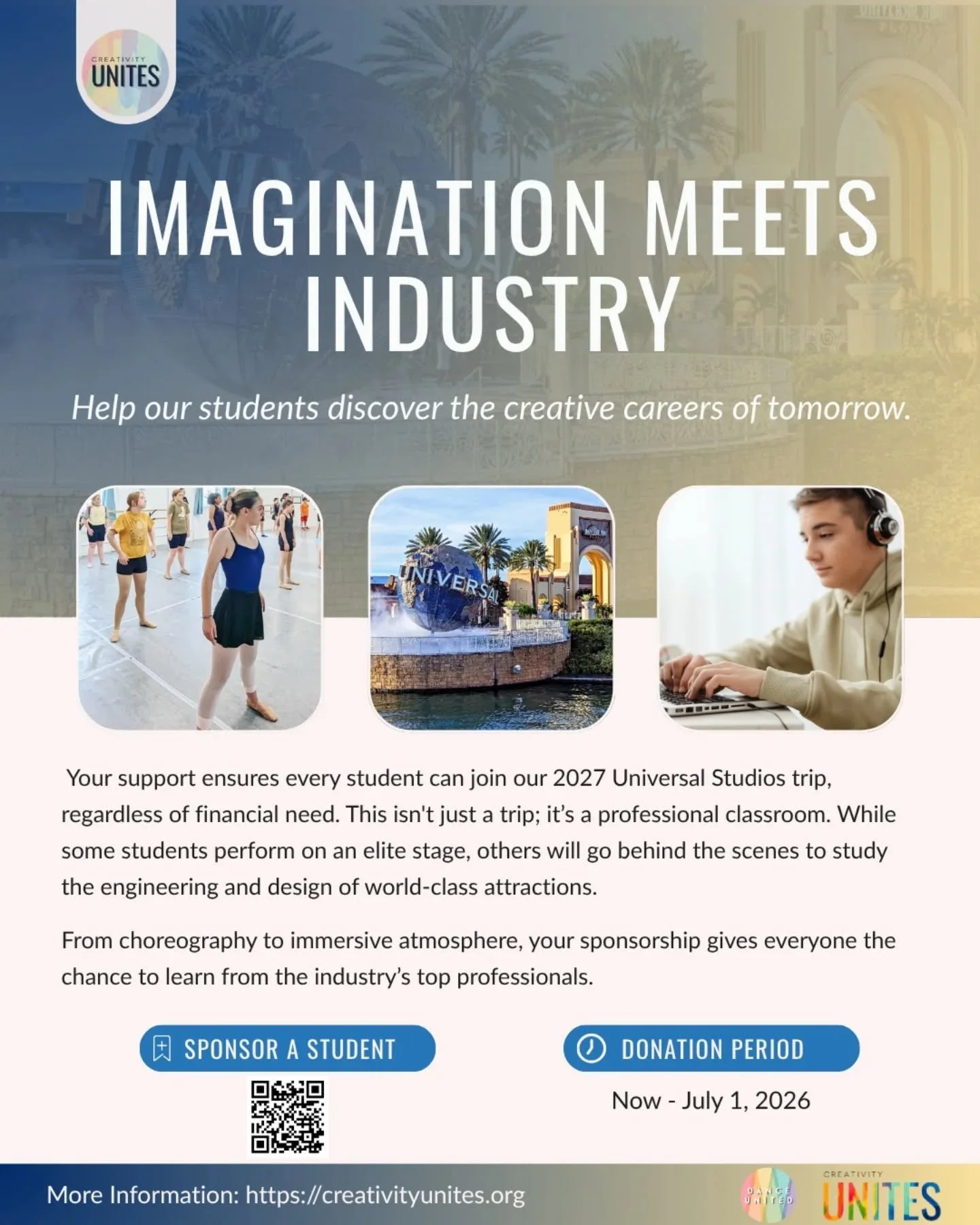 Help our students discover the creative careers of tomorrow on our 2027 Universal Studios trip! Sponsor a student or join us - we still have some spots in both the performance and the behind-the-scenes tour options. We'd love to make this trip availa