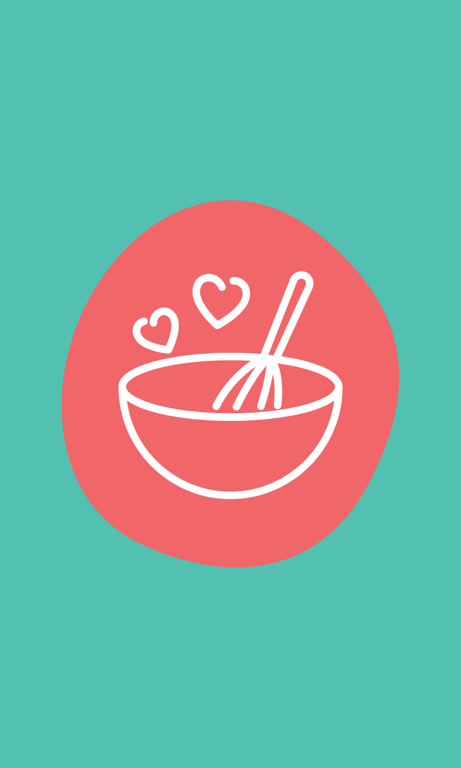 Simple illustration of a bowl with a whisk and two small hearts above, set against a teal background with a pink oval behind the bowl.