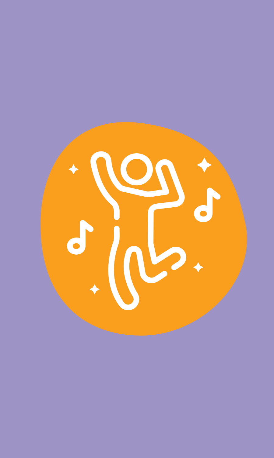 Line drawing of a person dancing surrounded by musical notes and stars on an orange circle background with a purple backdrop.