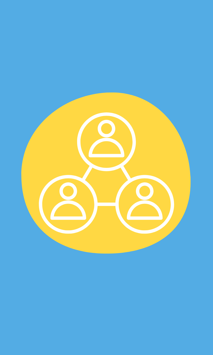 Icon of three people connected by lines, inside a yellow circle on a blue background.