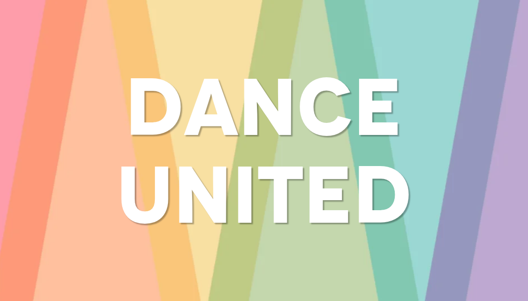 Colorful background with rainbow-colored stripes and the text 'DANCE UNITED' in bold white letters.