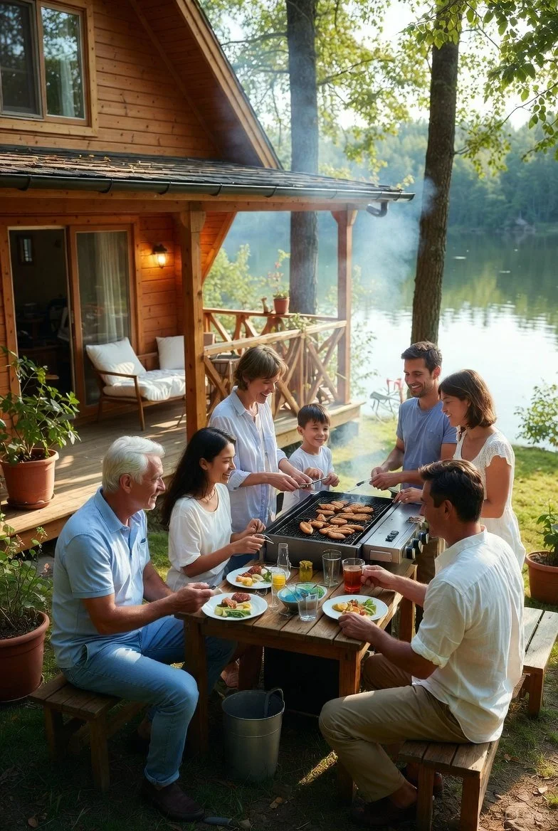Family outdoor barbecue on a wooden deck beside a lake, with a man grilling food and six family members enjoying and socializing.