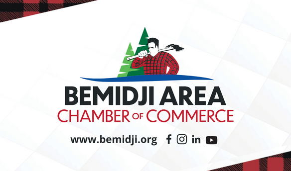 Logo of Bemidji Area Chamber of Commerce featuring a person fishing near trees and water, with website and social media icons.