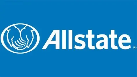 Allstate logo with two hands holding a circle, blue background.