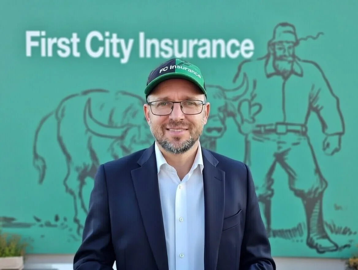 Man in a suit and glasses smiling in front of a green sign with the text "First City Insurance" and cartoon drawings of a buffalo and a man wearing a hat.