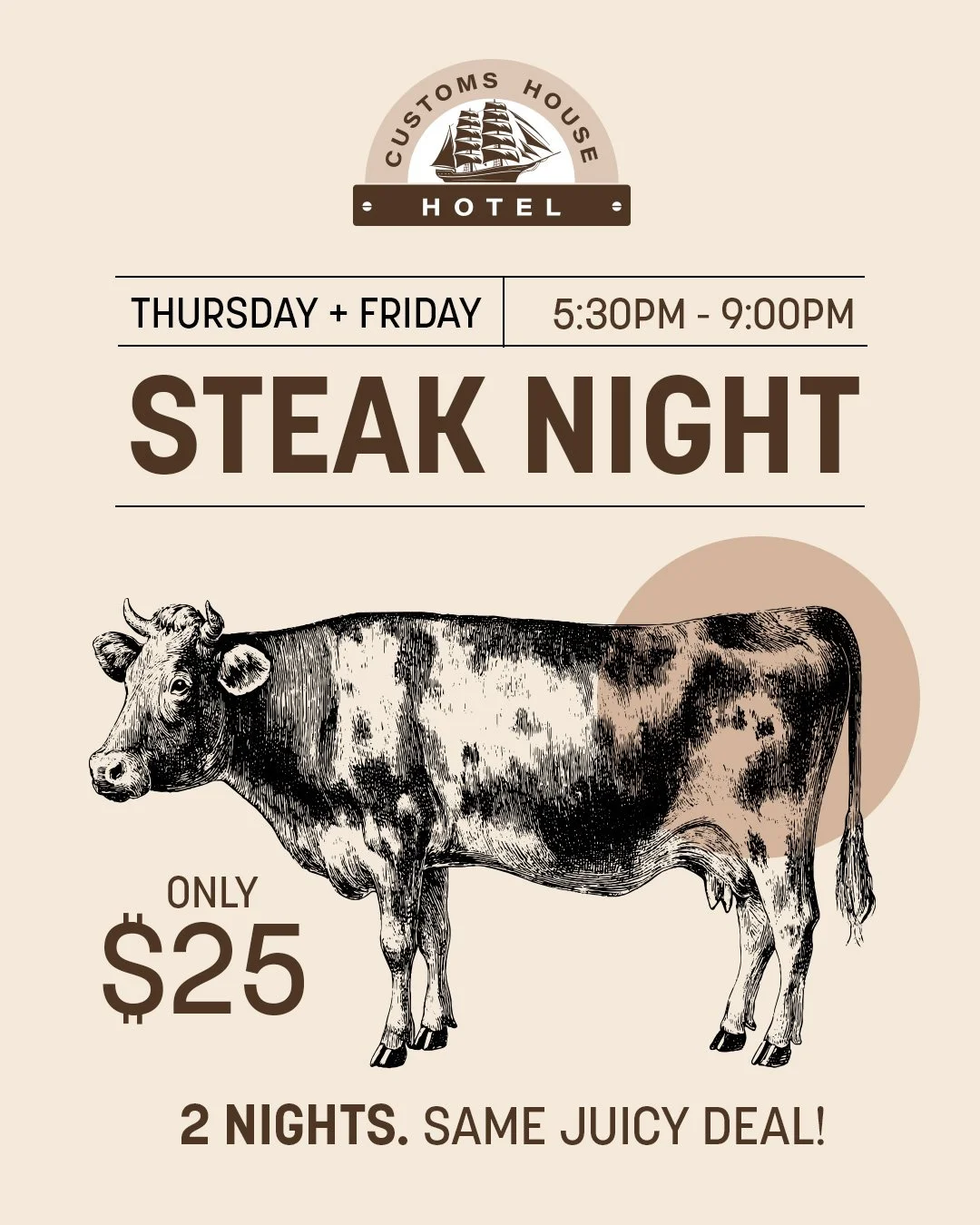 Image of a cow. Steak Night.