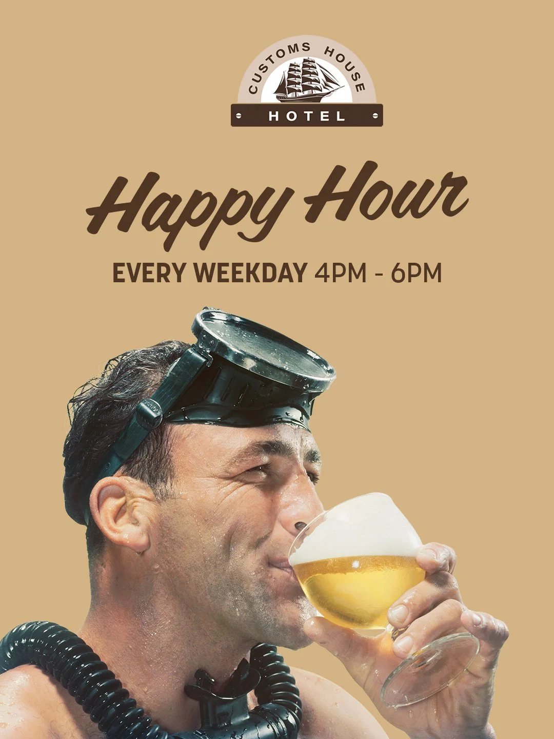 A promotional poster for a hotel event featuring 'Friday Fun and Frothies' with live music by the Wildermoths every Friday from 5:00 PM to 8:00 PM. The poster has a background with a man wearing snorkeling gear sipping beer, promoting happy hour from 4:00 PM to 6:00 PM.