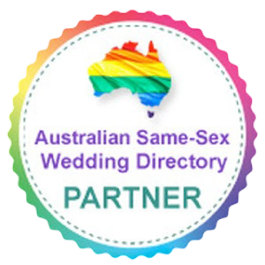 A badge for the Australian Same-Sex Wedding Directory with a rainbow-colored map of Australia and the word "PARTNER" in green.