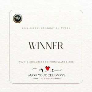 An award certificate for the 2024 Global Recognition Award, indicating the recipient is a winner, from the website globalreognitionawards.org, with a heart graphic and mention of celebrating mark your ceremony.