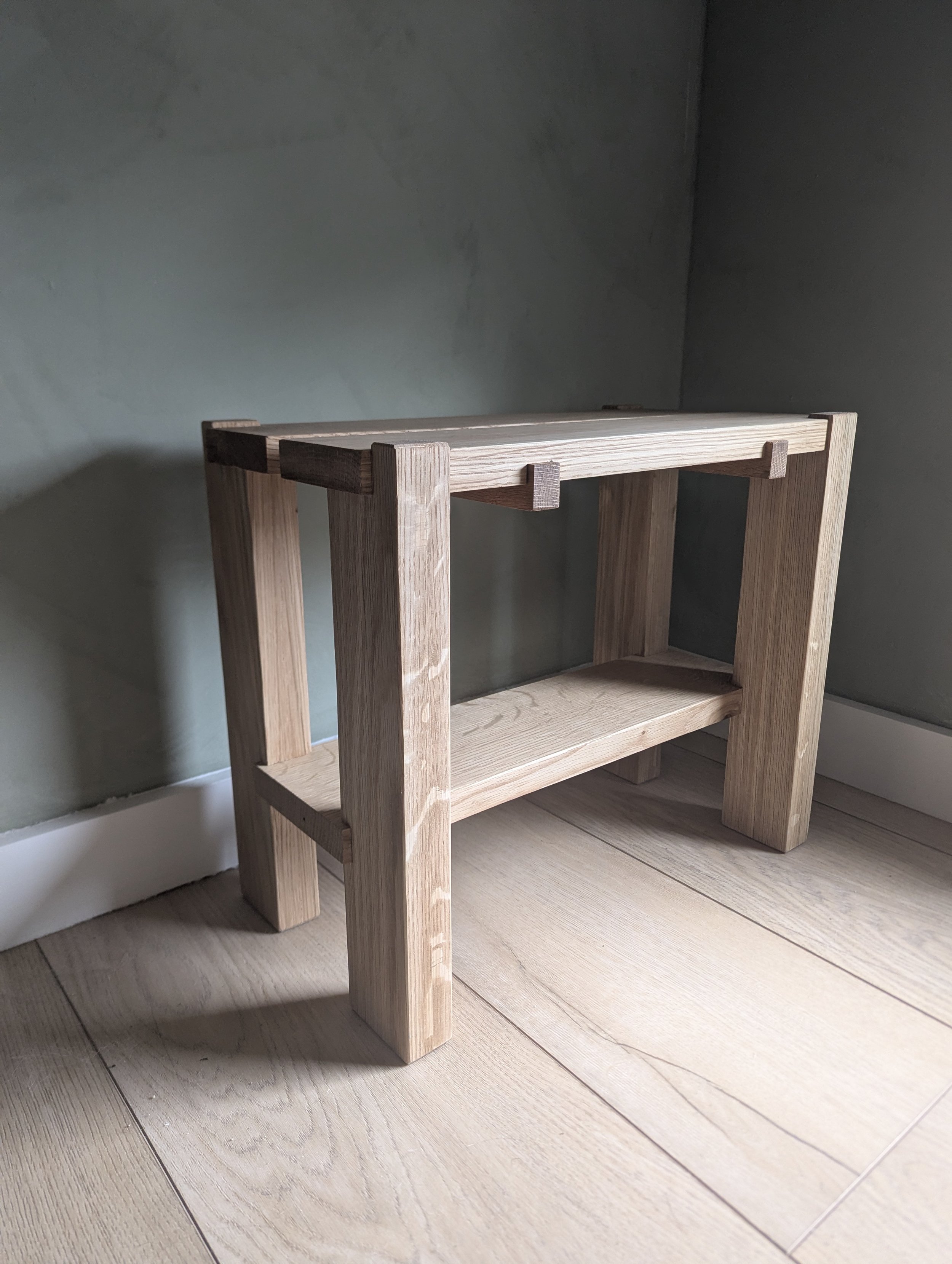 White oak architectural wooden kitchen stool with exposed joinery