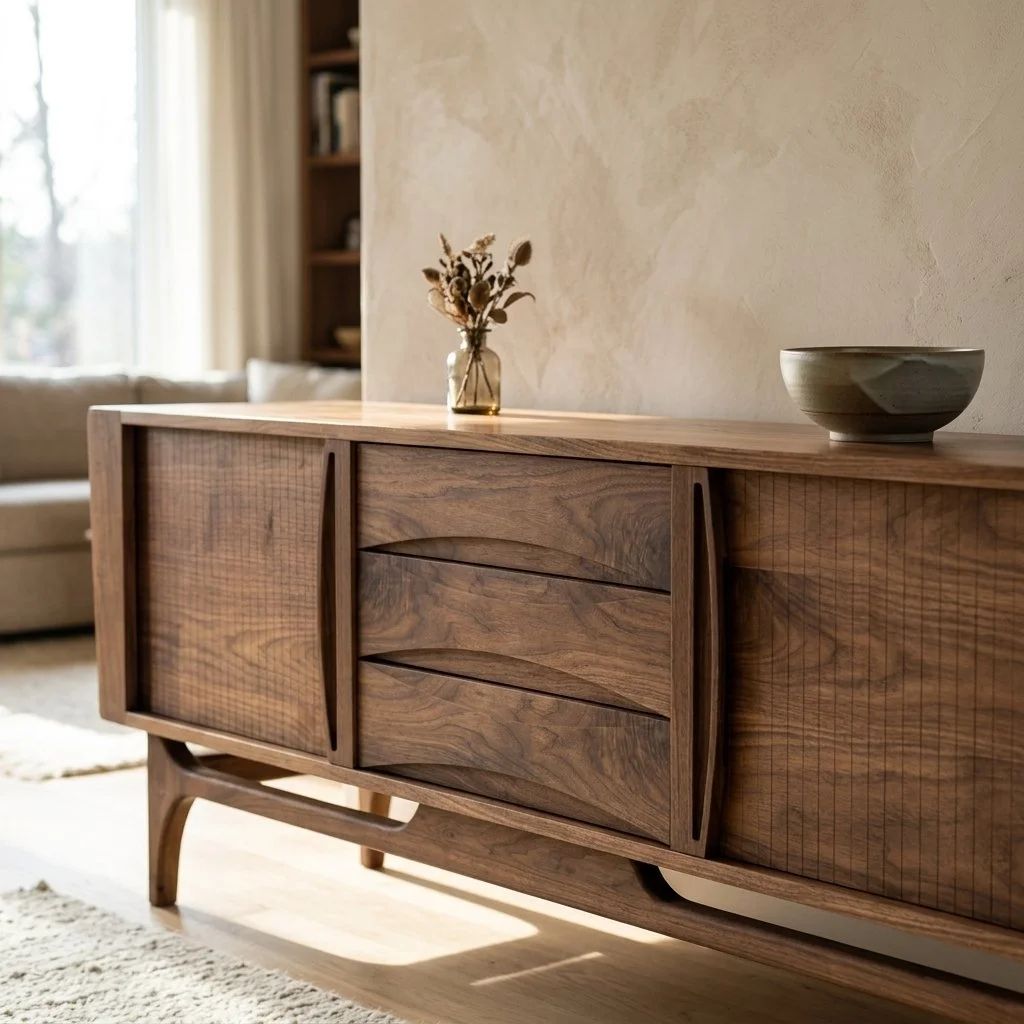 Handmade american black walnut credenza, with mid-century modern design