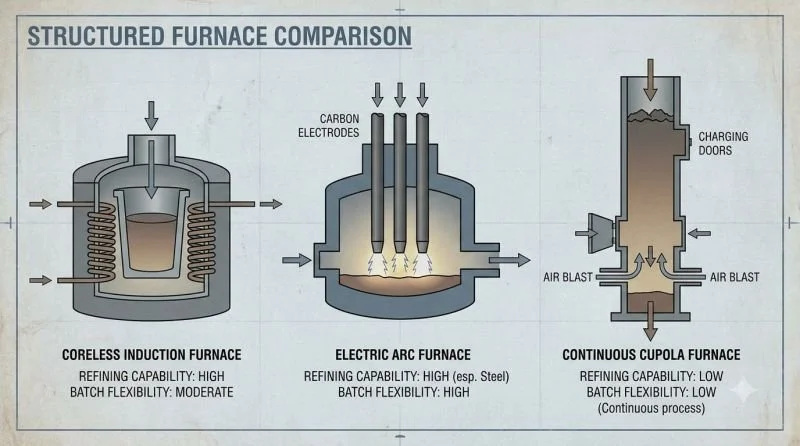 Selecting the Right Industrial Melting Furnace: Engineering Trade-Offs Between Induction, EAF, Cupola, and Reverberatory Systems