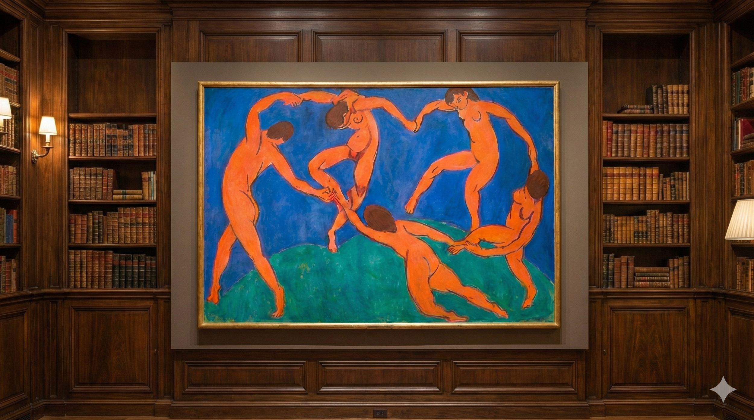 A colorful painting depicting six nude figures dancing and interacting on a green hill against a blue background, framed and displayed in a wood-paneled room with bookshelves.