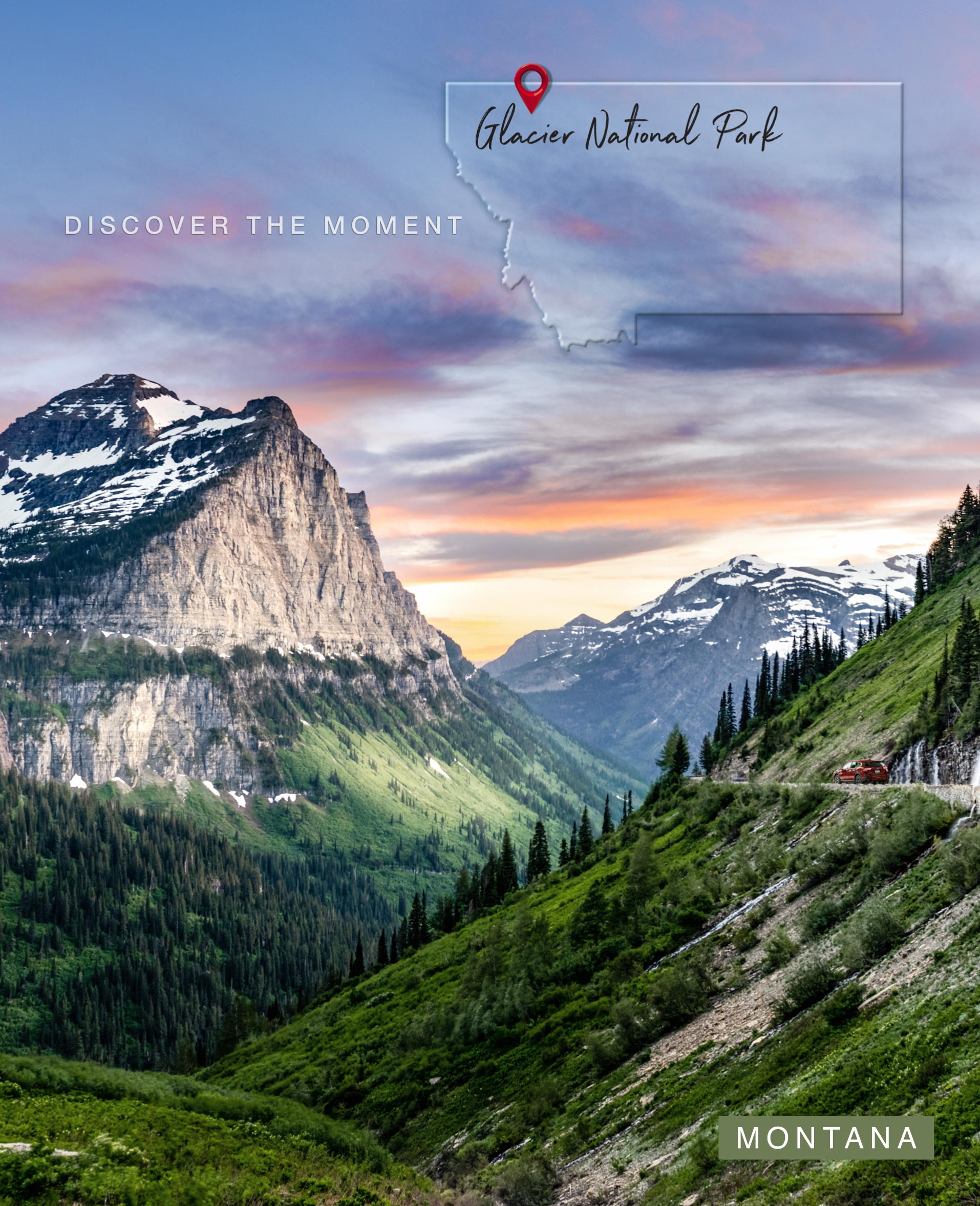 Scenic view of Glacier National Park in Montana with mountains, lush green valleys, and a winding road, under a colorful sky at sunset.