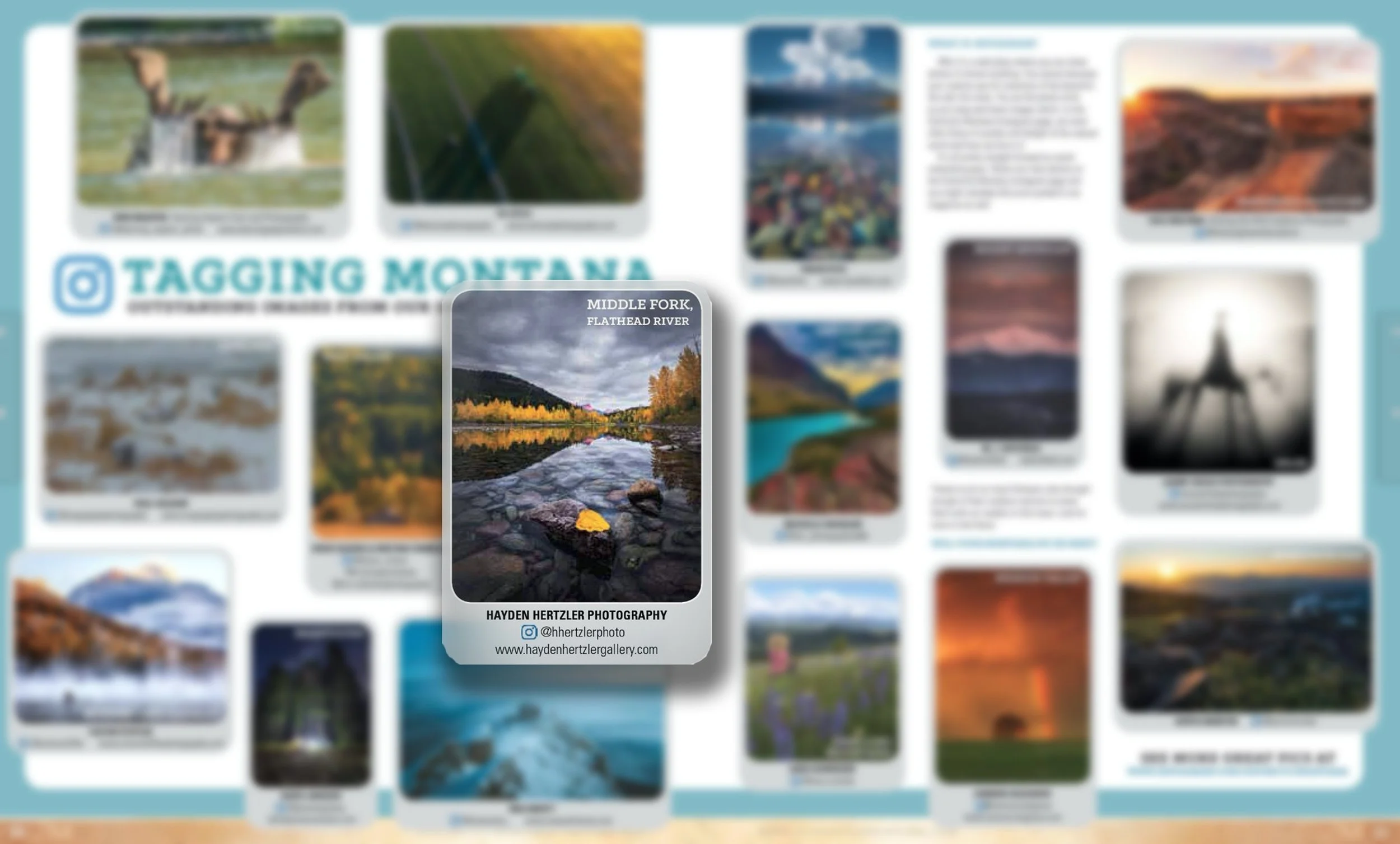 A collage of landscape photographs featuring mountains, rivers, and scenic views. The central photo, titled 'Middle Fork, Flathead River,' shows a river with a rocky bank and yellow trees, taken during a cloudy day. The collage is part of a travel or photography board on social media, with a focus on scenic Montana locations.