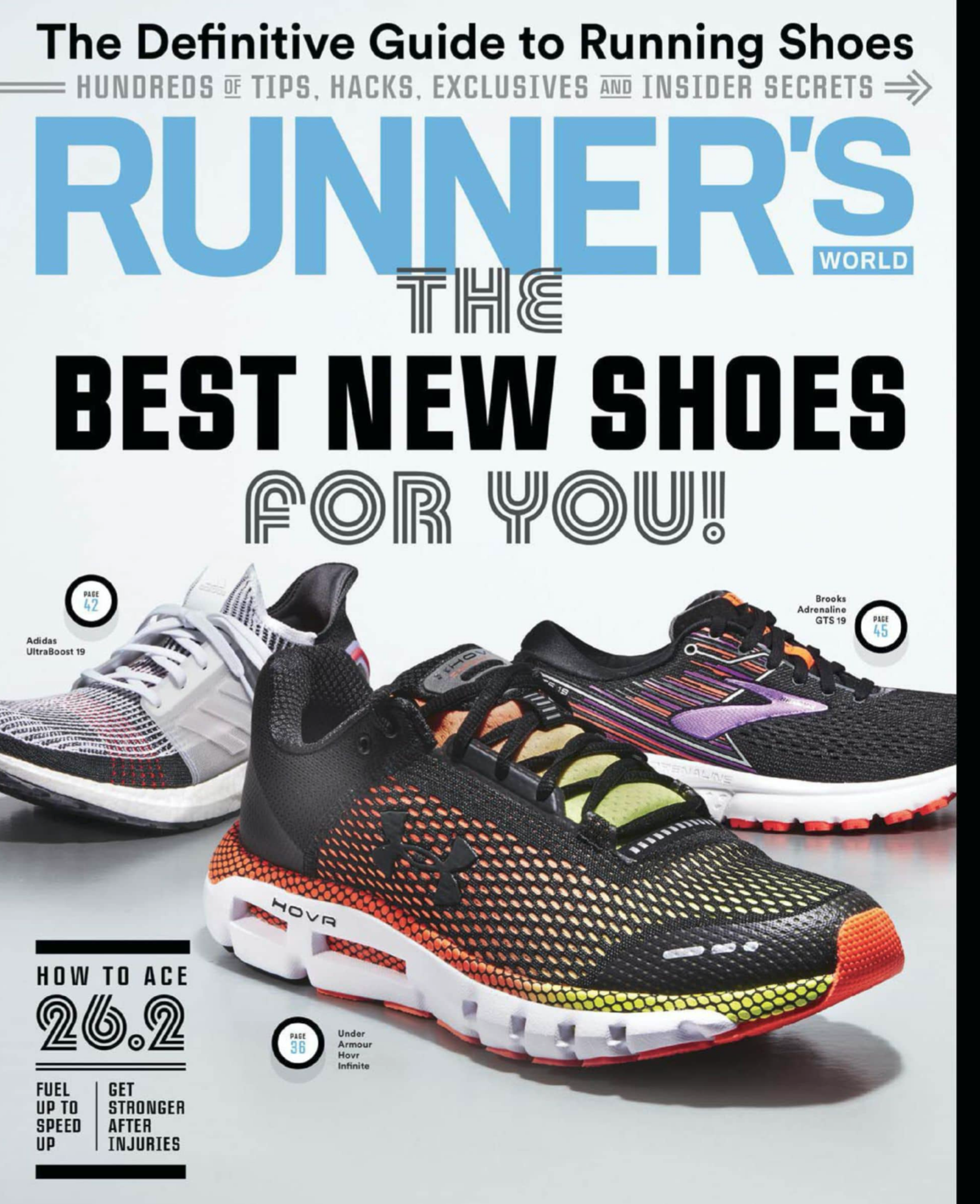 Cover page of a running shoes guide featuring three colorful running shoes on a gray surface, with headlines about tips, hacks, and secrets for new shoes.