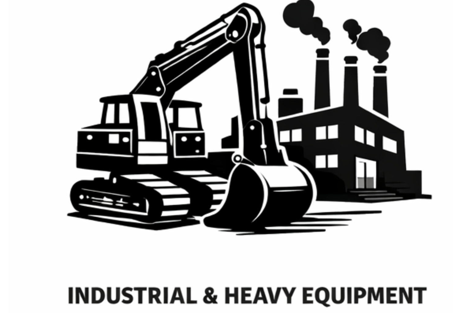 Black and white illustration of industrial and heavy equipment, including a large excavator with a bucket, a factory with smoke stacks emitting smoke, and the text 'INDUSTRIAL & HEAVY EQUIPMENT' beneath.