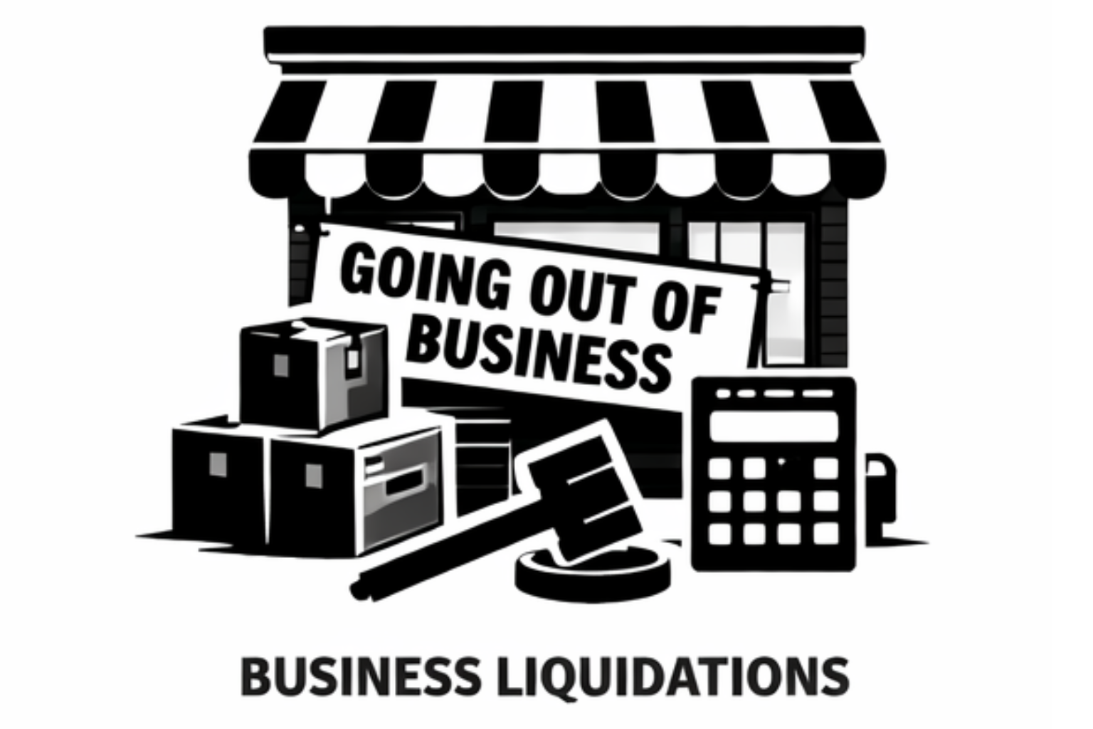 Black and white illustration of a storefront with a sign that reads 'Going Out of Business', surrounded by boxes, a calculator, a hammer, and a cash drawer, with the words 'Business Liquidations' at the bottom.