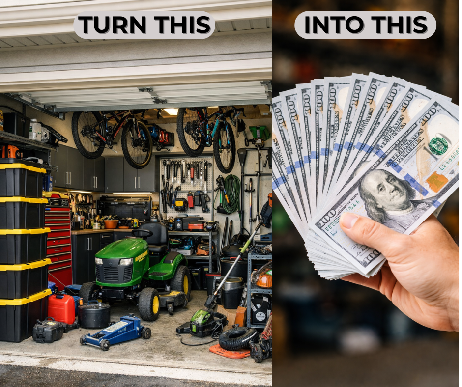 A garage filled with tools, shelves, and hanging bikes on the wall on the left, and a hand holding a fan of hundred-dollar bills on the right.