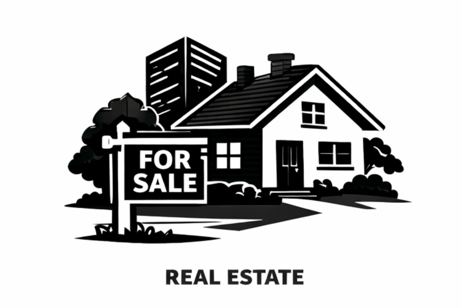 Black and white illustration of a house with a 'For Sale' sign in the front yard, with a city building in the background, and the words 'Real Estate' underneath.