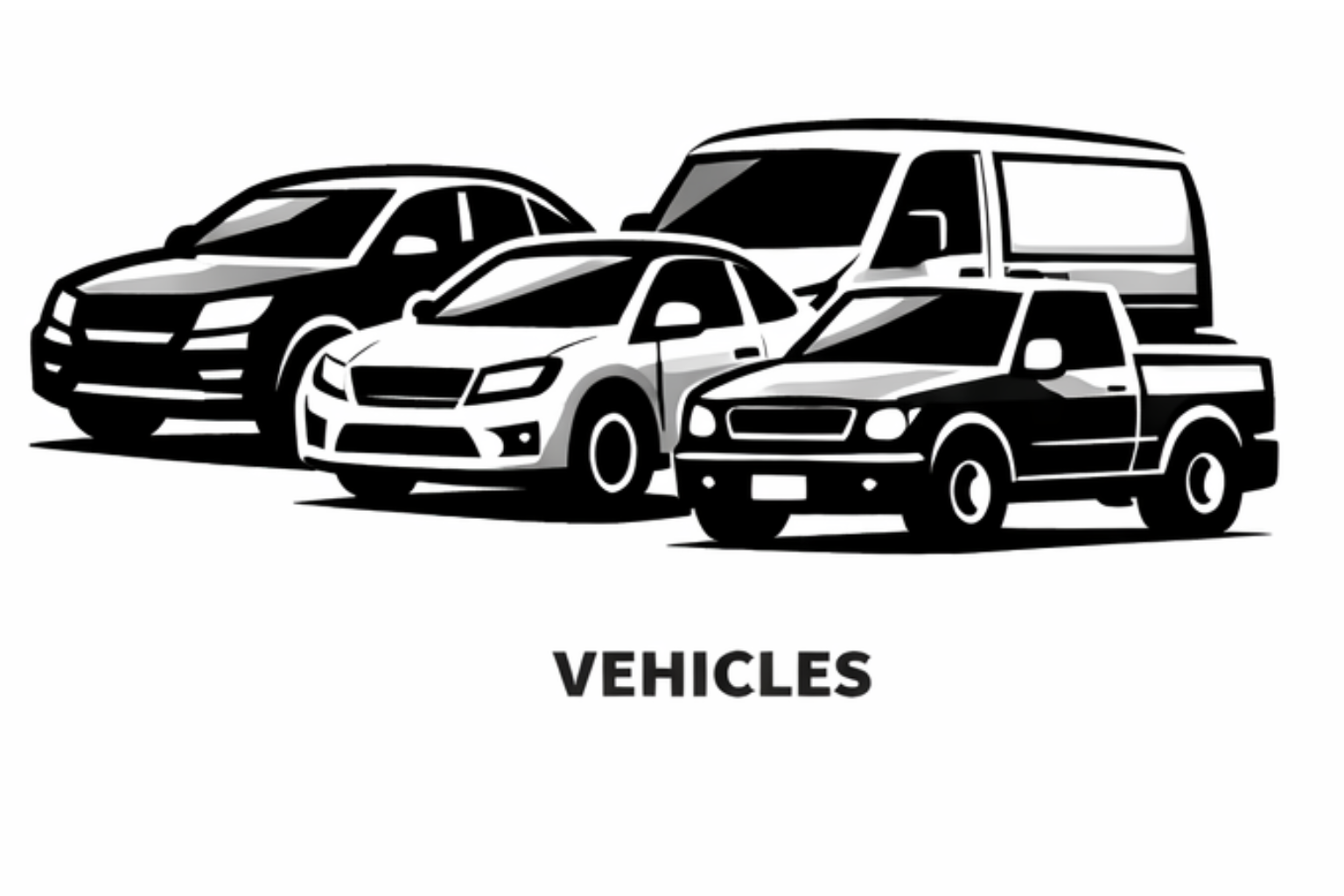 Black and white illustration of five different vehicles including a sedan, a pickup truck, an SUV, a van, and a sports car, with the caption 'VEHICLES' beneath