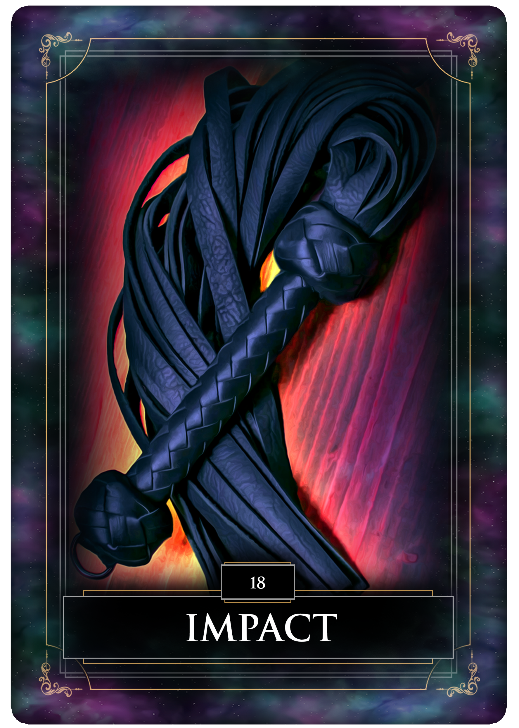 A black leather flogger set against a colorful cosmic background with purple, green, and orange clouds and stars. The word 'IMPACT' is written at the bottom of the oracle card.