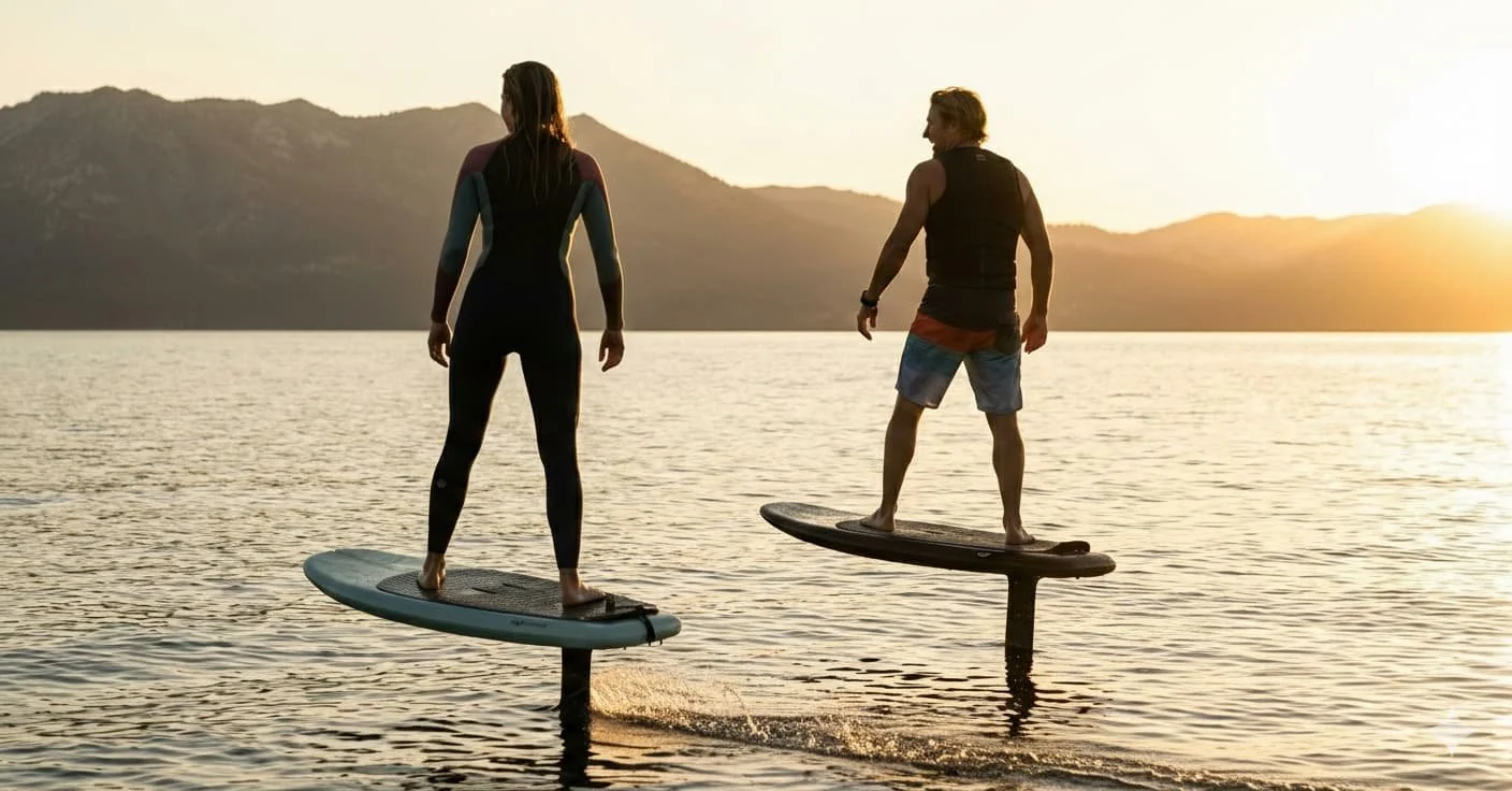 A man and woman cruising on electric hydrofoil boards during sunset
