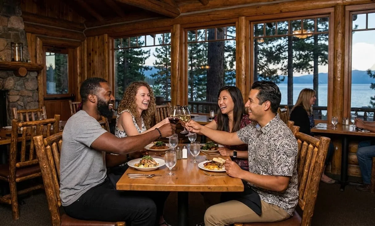 Two couples toasting wine during dinner at a lake view resaturant at Lake Tahoe