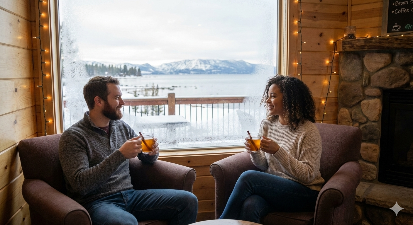 enjoying a hot toddy at the lake tahoe waterfront