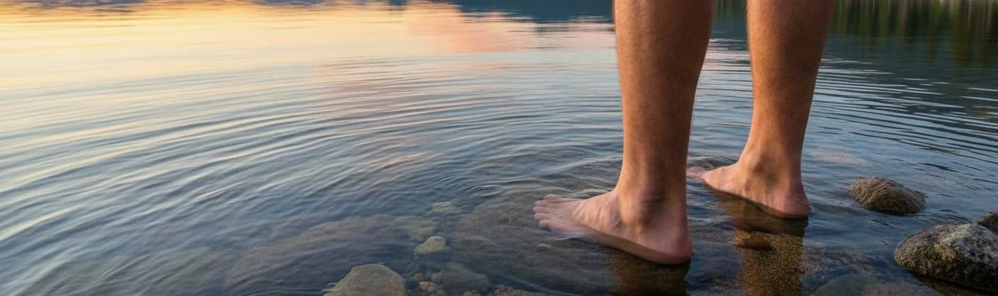A man's feet in the calm lake tahoe waters