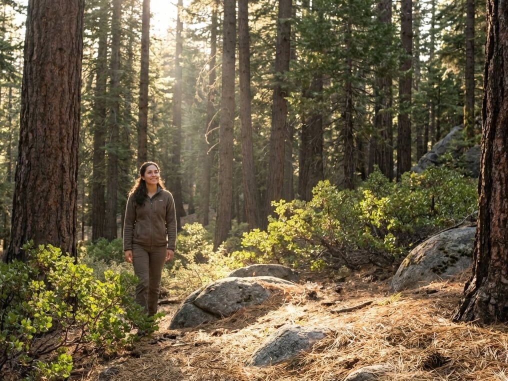 A woman walking in the partial sunlight of the lake tahoe forest