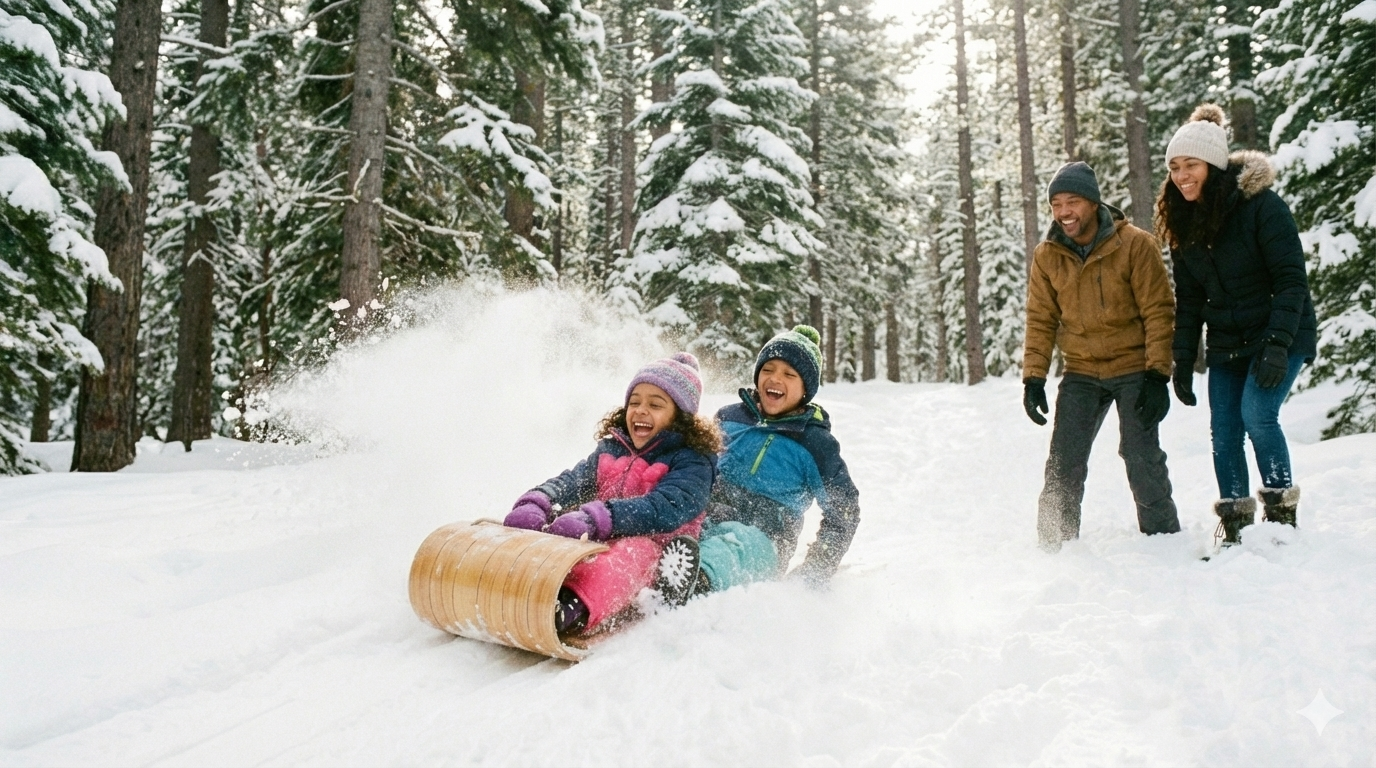 Kids having fun sledding on a toboggan in the Lake Tahoe forest
