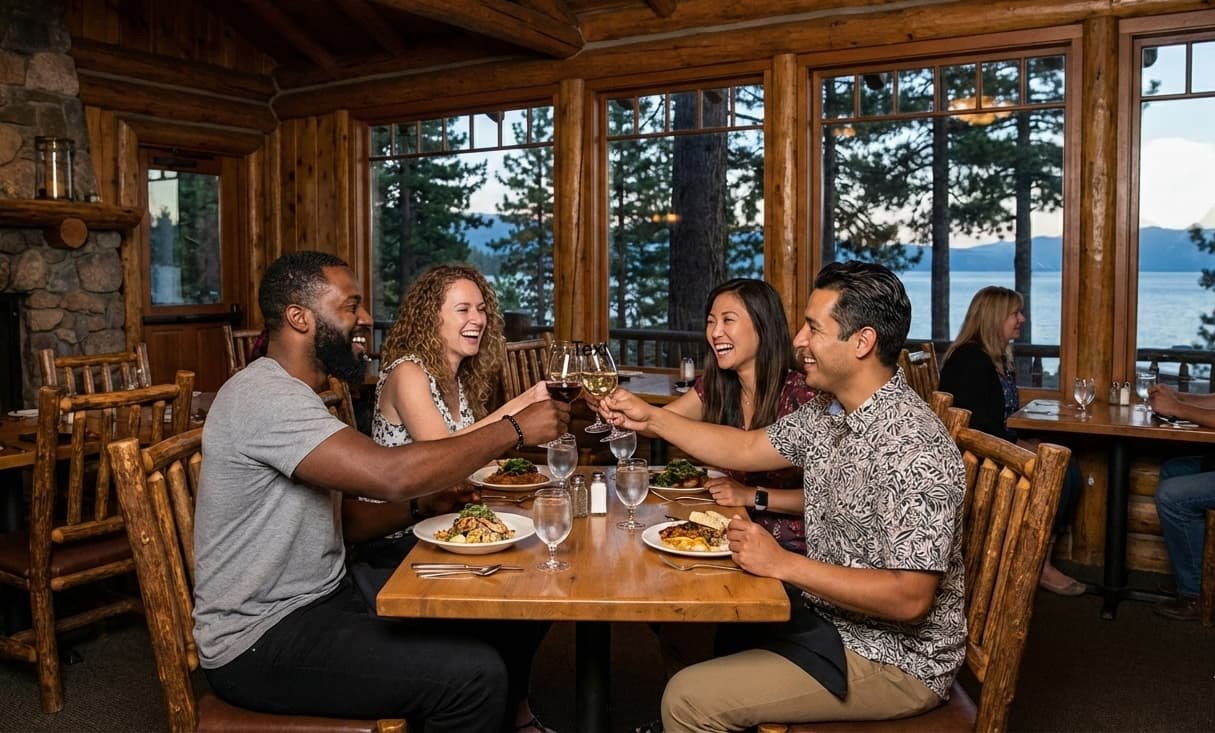 Two adult couples dining in a typical Lake Tahoe style restaurant with a view of the lake in the background