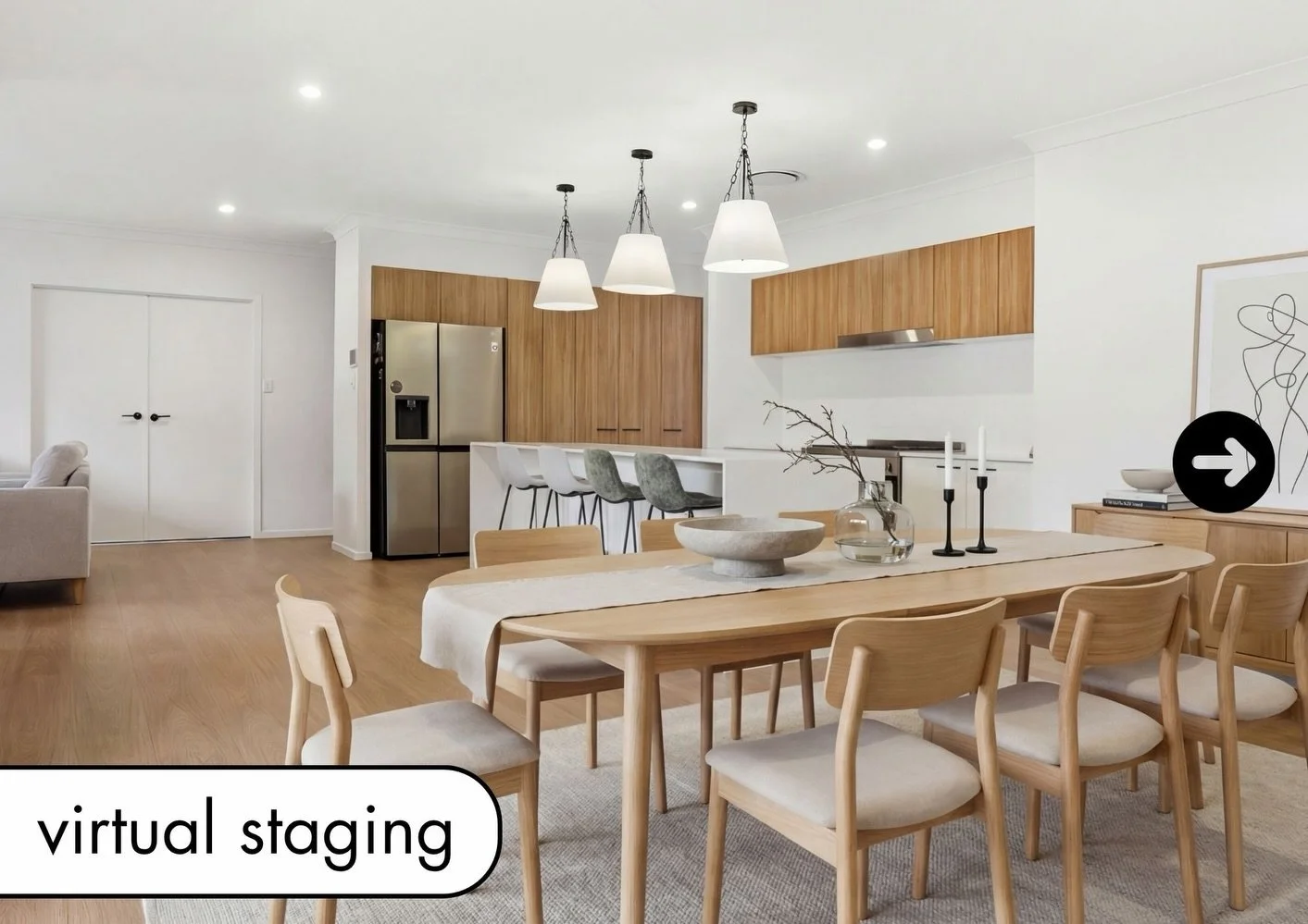 One property. Three versions. Swipe to see the difference. 👉

Before &rarr; edited &rarr; virtual staging.
This is the full process &mdash; from raw photo to a listing that stops the scroll.
No physical staging needed. Just professional photography,