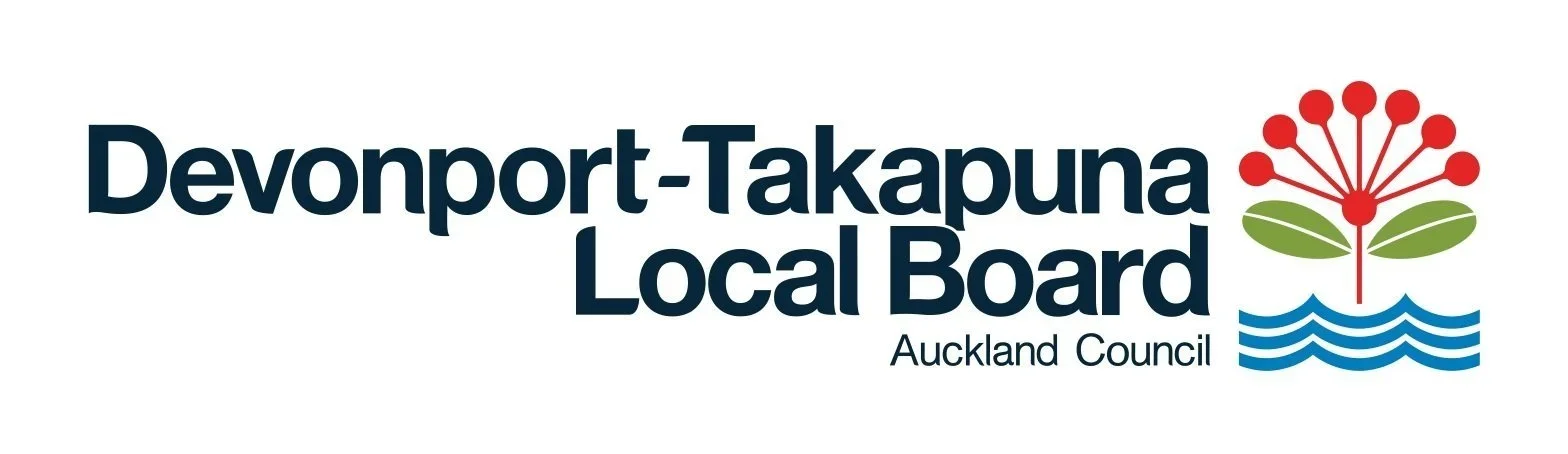 The logo of Devonport-Takapuna Local Board, Auckland Council, featuring stylized red plant with green leaves above blue waves.