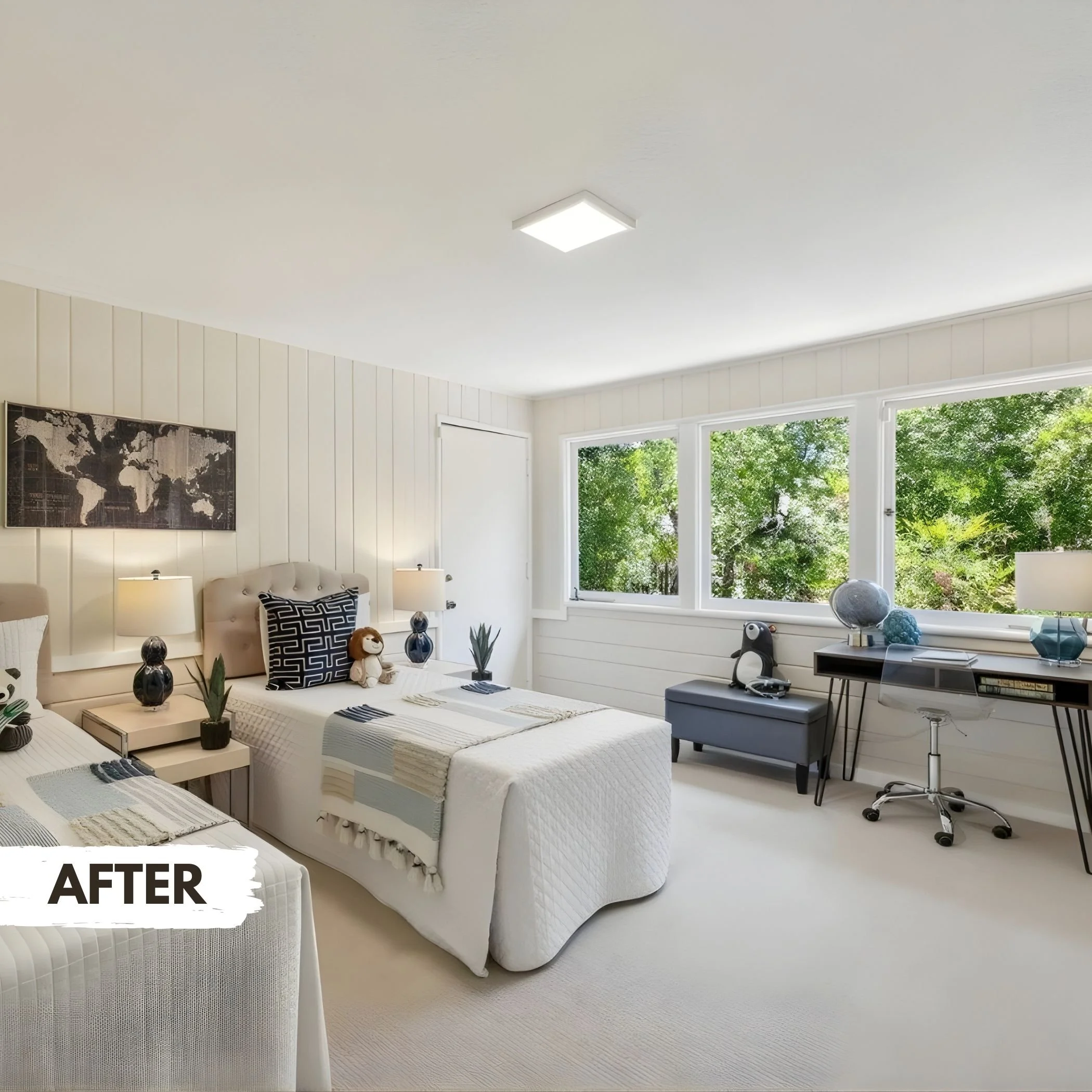 Bright, modern bedroom with two beds, white bedding, black and white pillows, bedside lamps, decorative plants, a world map on the wall, a window showing green trees outside, a desk with decorative objects, and a gray bench with a penguin plush toy.