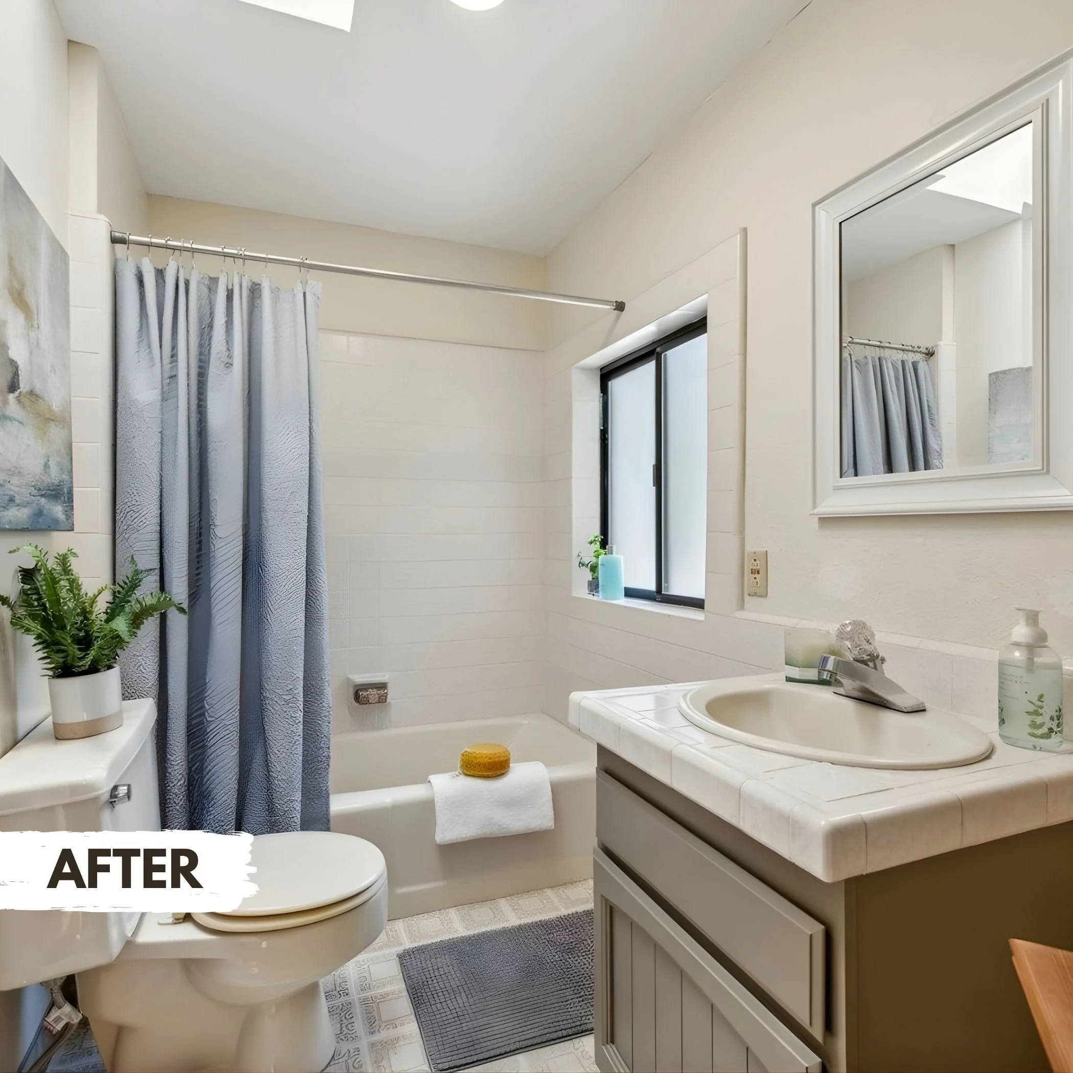 Renovated bathroom with white walls, a window, a vanity with a sink, a mirror, a toilet, and a bathtub with a shower curtain, decorated with plants and towels.