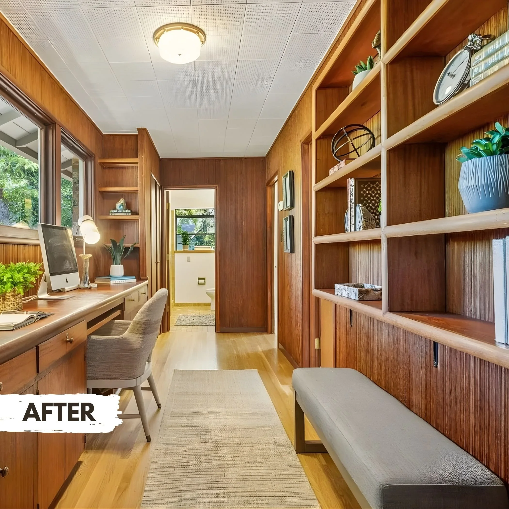 A renovated home office with wooden paneling, a built-in desk with a computer, a beige chair, open shelving with decor, and a view into a bathroom at the end of the hallway.