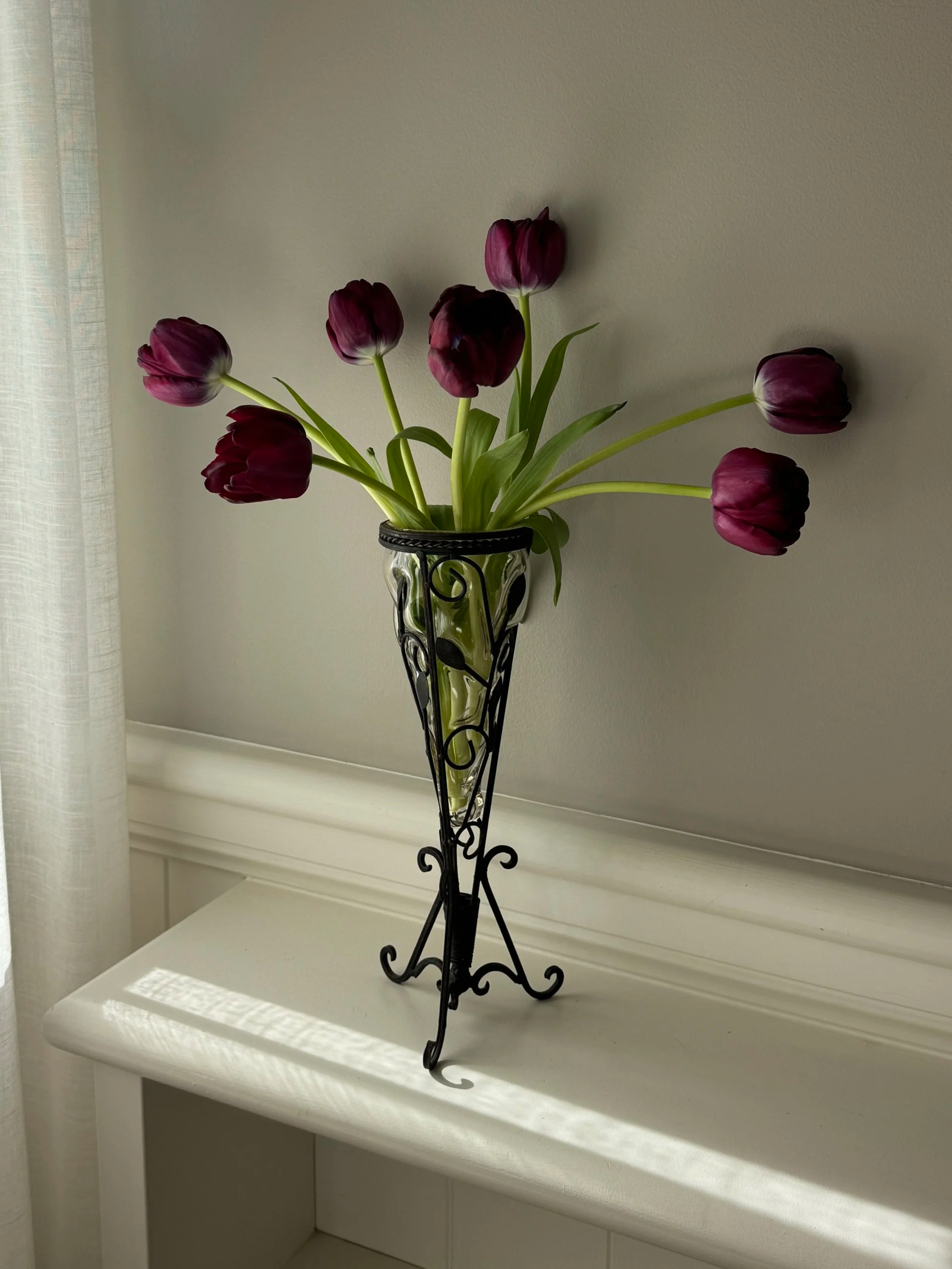 Vintage Hand-Blown Glass Vase with Wrought Iron Stand