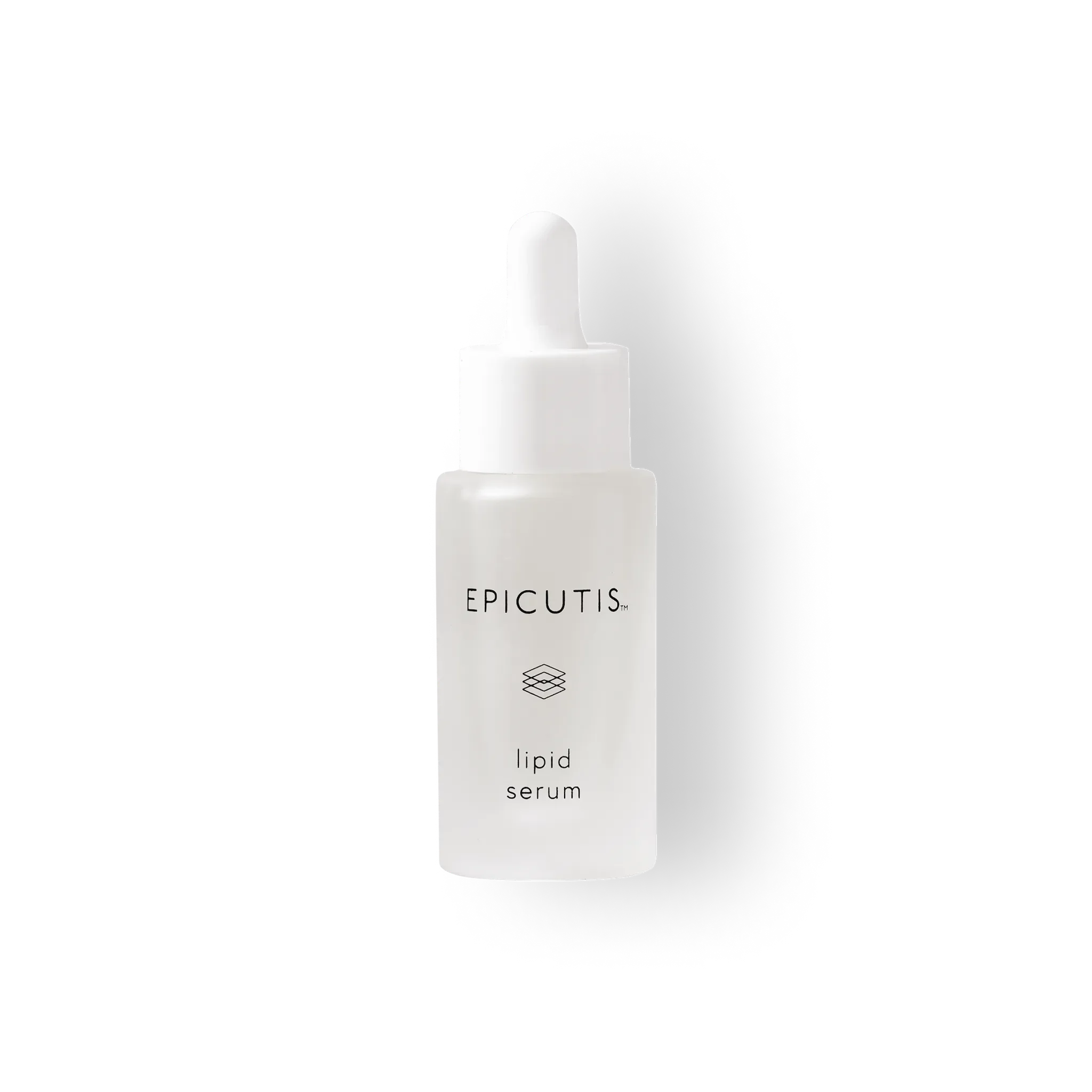 White bottle of Epicutis lipid serum with a dropper cap, on a black background.