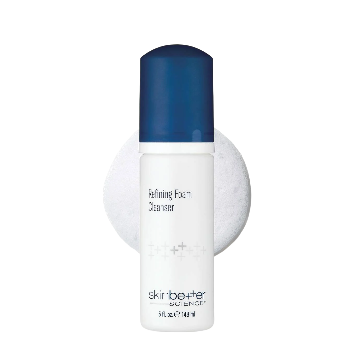 A bottle of SkinBetter Science Refining Foam Cleanser, 5 fl oz, with a blue cap and white label, standing on a circular surface against a black background.