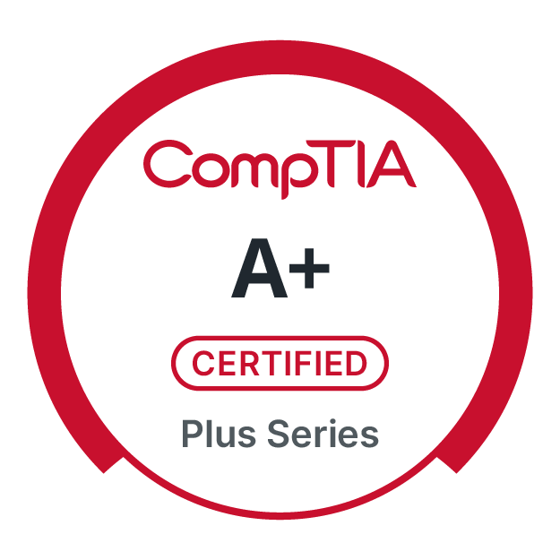 Certification badge with red border, displaying 'CompTIA', 'A+', 'CERTIFIED', and 'Plus Series' in black and red text.