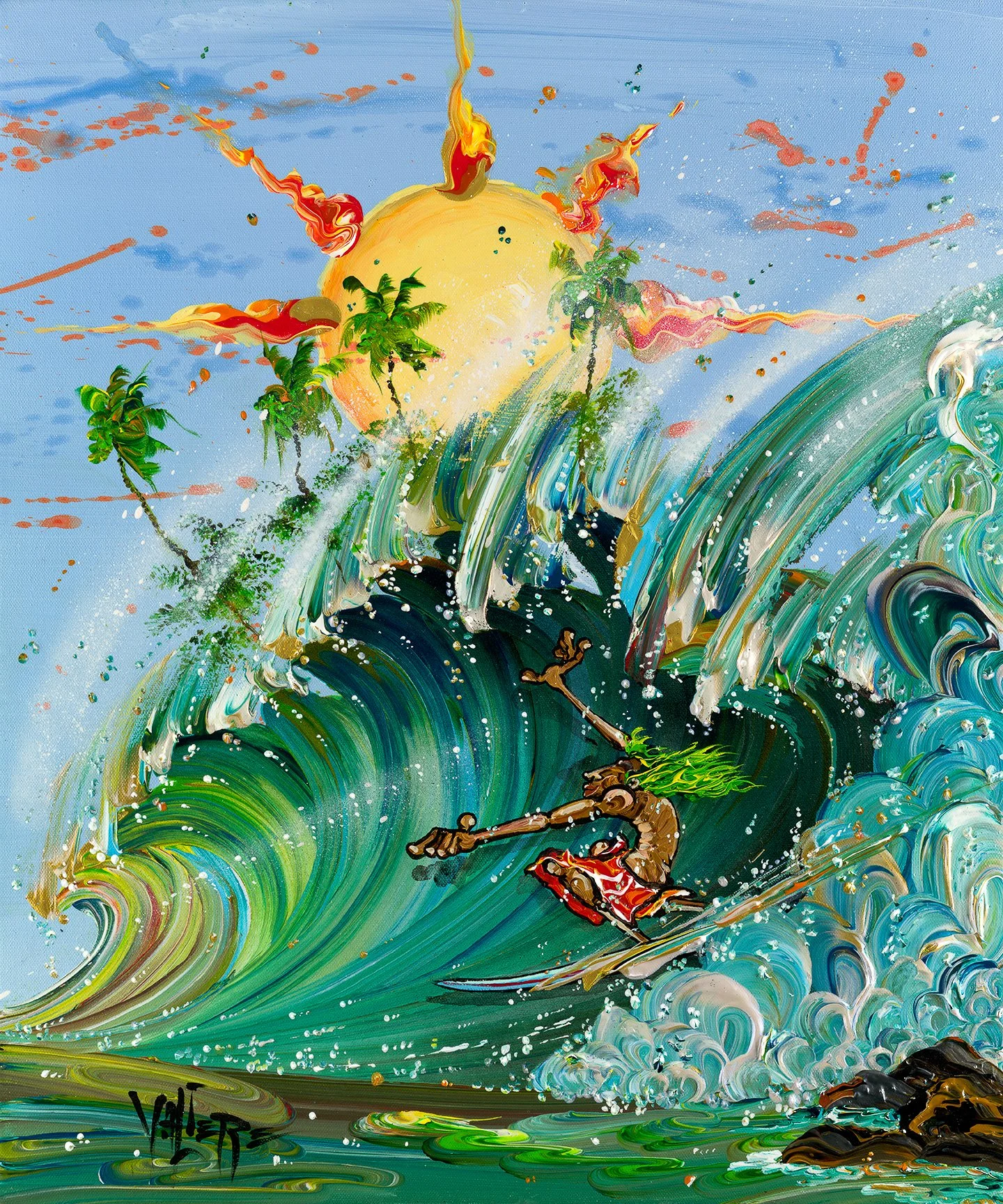 Valiere Surf Art image of Steven Valiere's arwork named Green Flash. a painting with vivid colours, where a surfer with wild green hair is surfing on a big wave. The sky is a soft blue and there is a giant sun