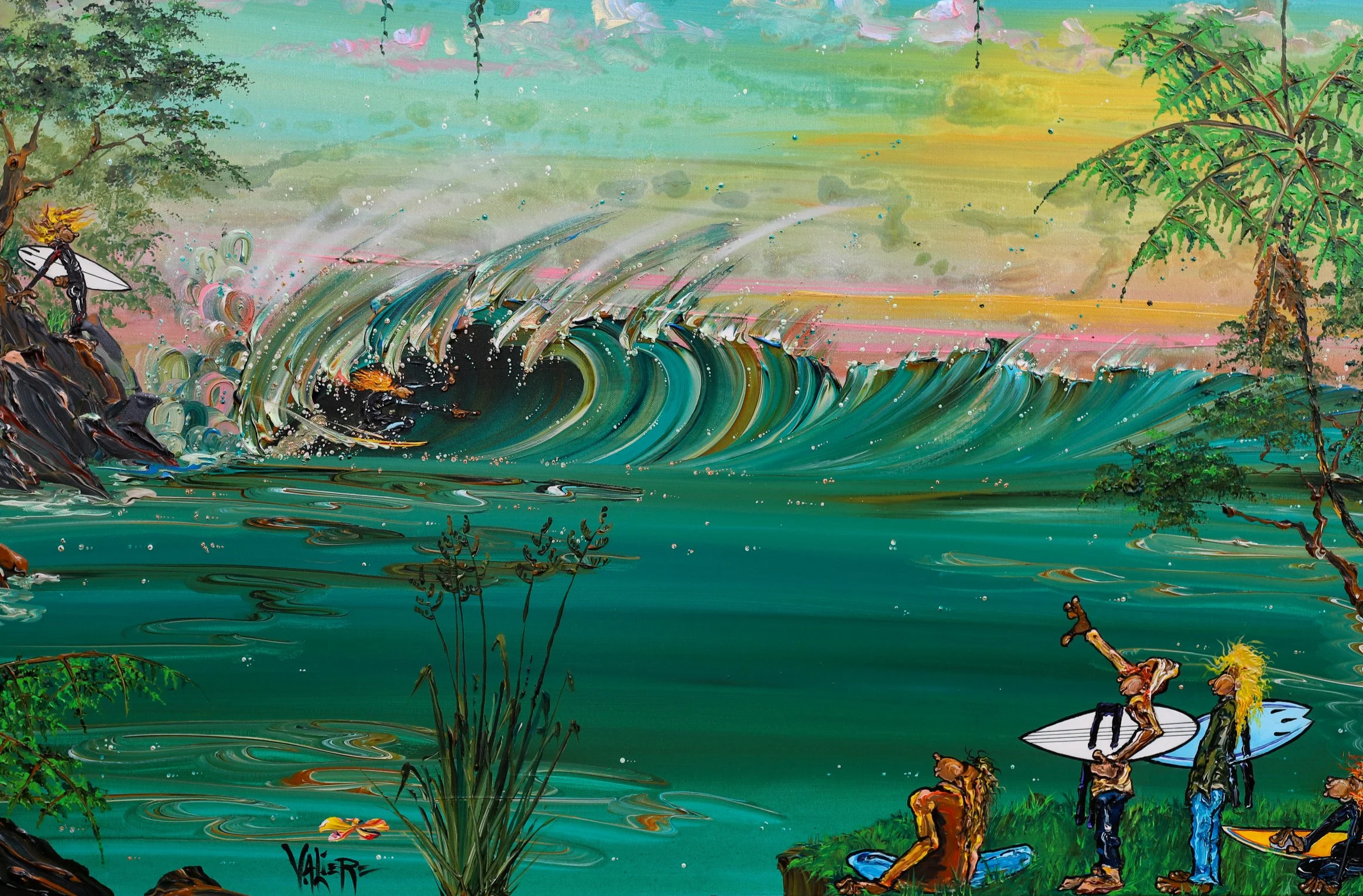 Colorful psychedelic painting of a large ocean wave near a rocky shoreline with trees, and five people holding surfboards on the grassy bank, some sitting and some standing.