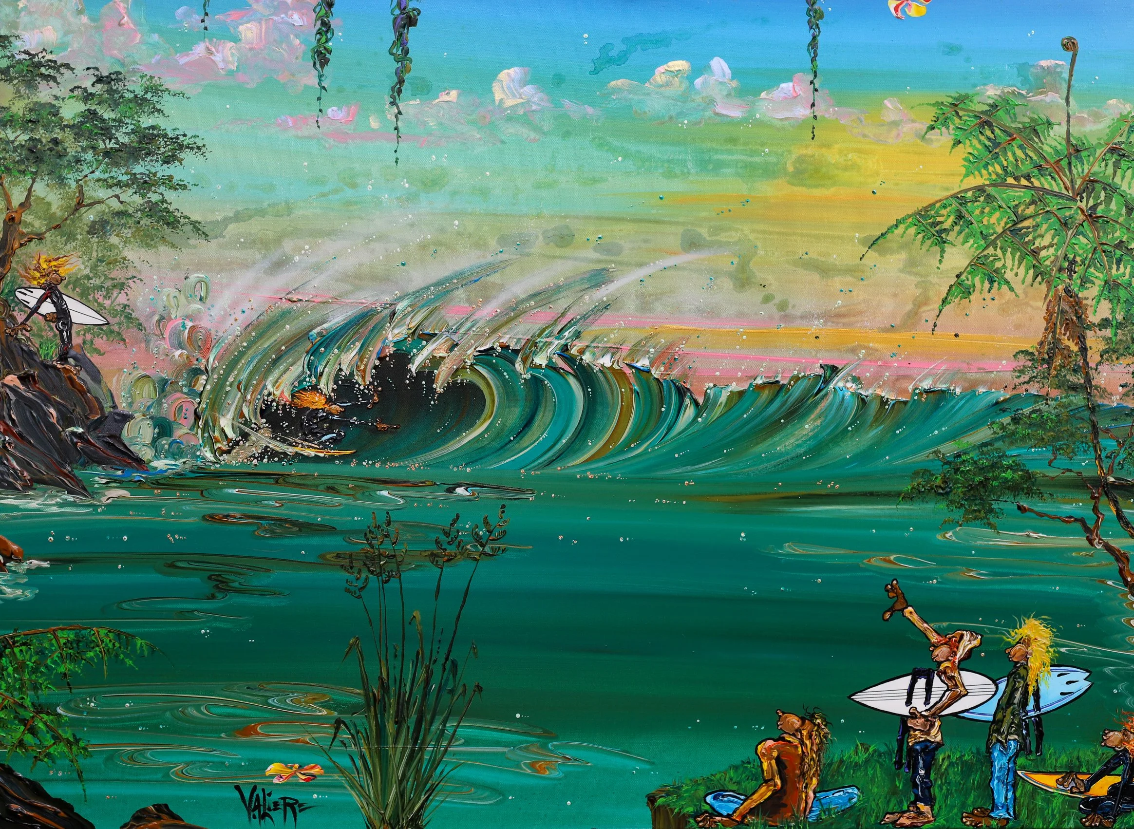A vibrant painting of a tropical scene with a large wave in the ocean, lush trees, and people with surfboards on the shore, looking at the ocean.