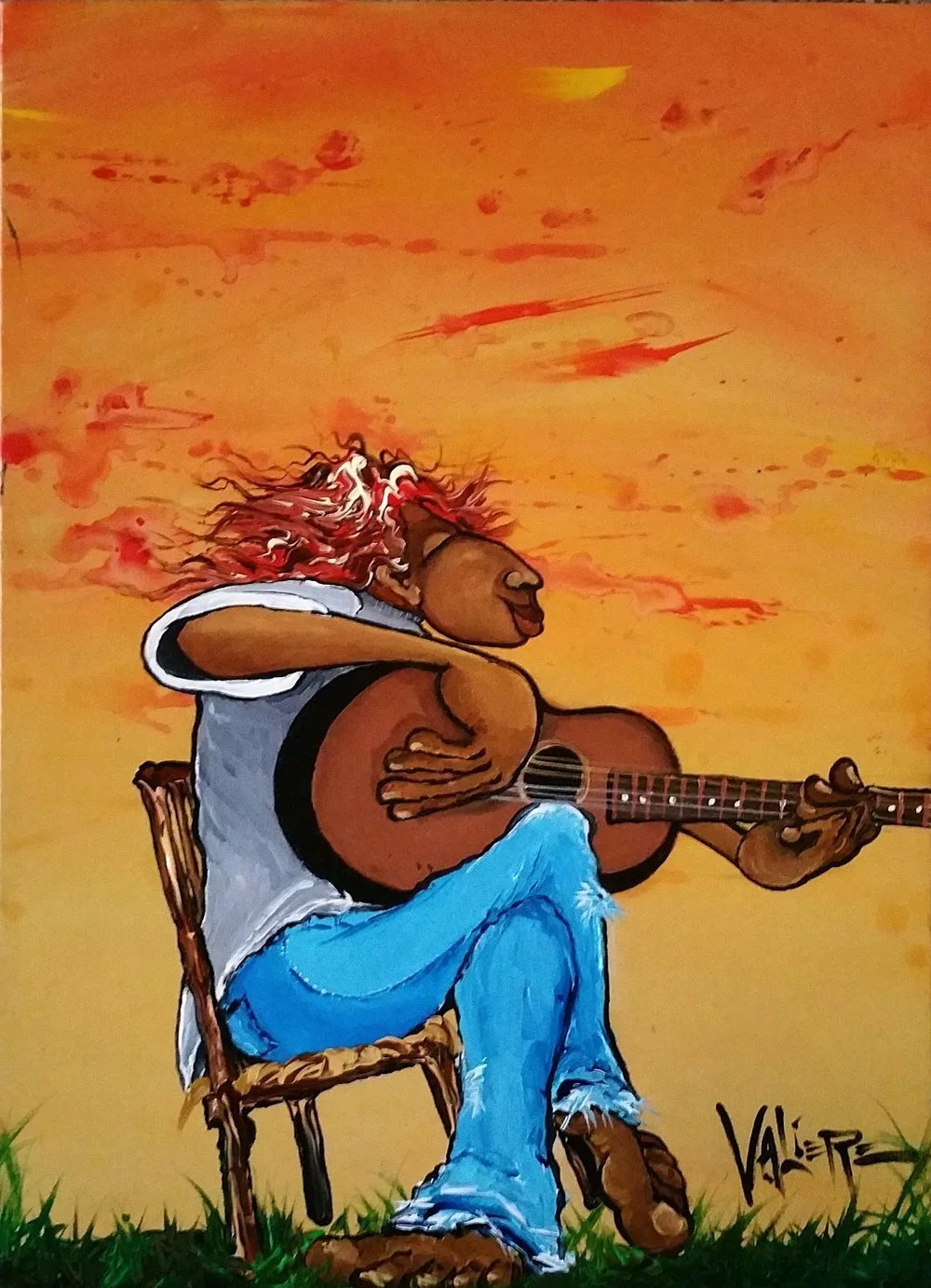A colorful cartoon-style painting of a person with red and white hair playing an acoustic guitar outdoors during sunset.