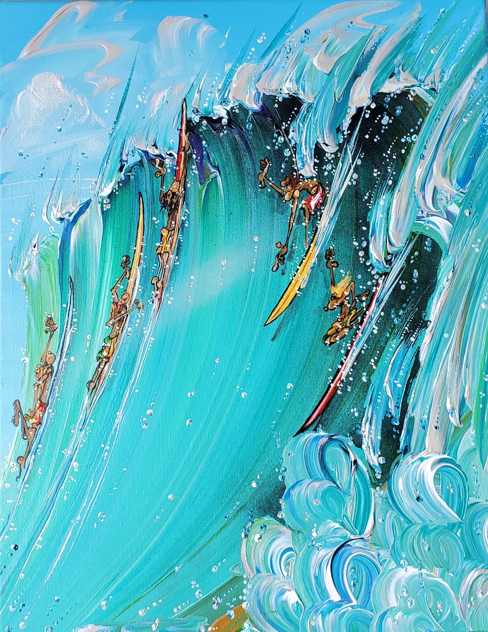 Abstract painting of surfers riding a large turquoise wave, with white foam and spray.