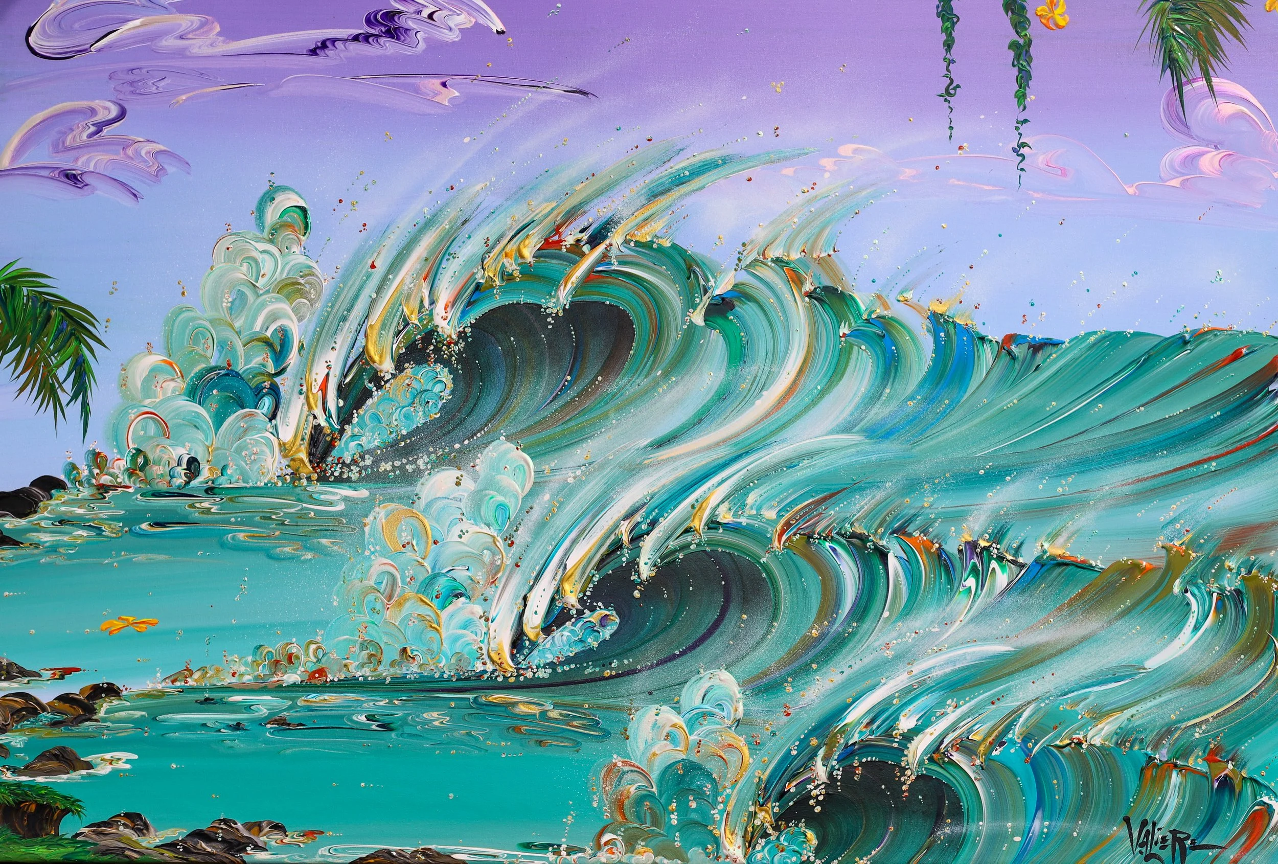 A colorful abstract painting of ocean waves with vibrant turquoise, green, purple, and gold accents, and some palm leaves in the corners.